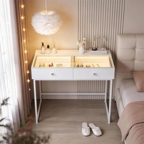 FENCHILIN Coiffeuse LED éclairage 2 Tiroirs Blanc 100 x 55 x 81 cm