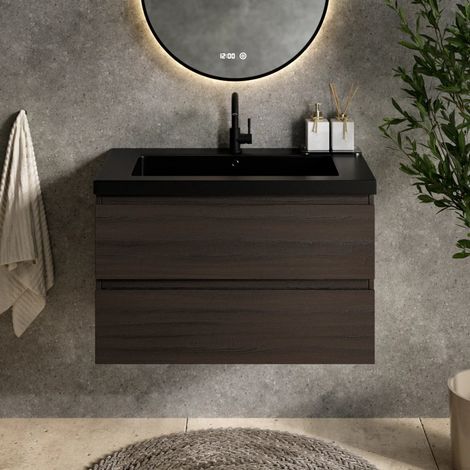 Badezimmermöbel Sova - 80 cm - Walnuss - Waschtisch Weiß (1/4)