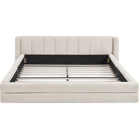 Cama doble 140x200 cm en chenilla beige, cabecero acolchado, HOMVRA (1/5)