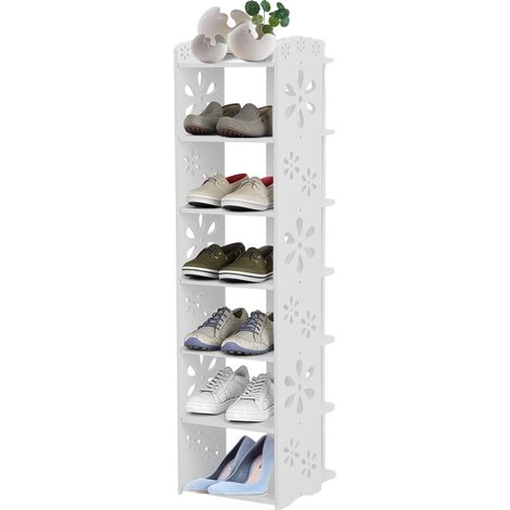 Youyijia 7 Tier Shoe Rack Small Shoe Storage Organizer 96.5  25  24cm Tall Narrow Shoe Shelf Space Saving Hollow Carved Shoe Display Holder for Entryway Hallway Home Bedroom White (1/5)