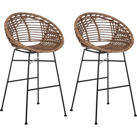 Set da 2 sedie da bar in rattan per sala da pranzo e cucina in stile boho industriale con gambe in ferro marrone Windom