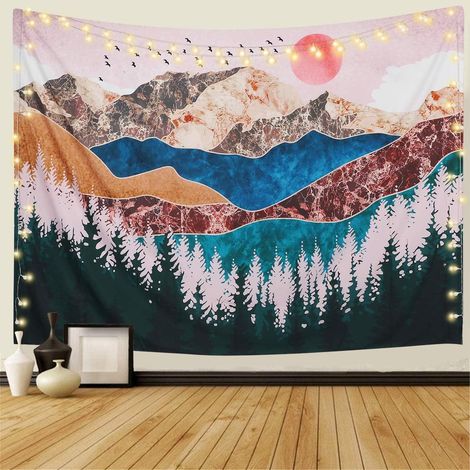 Tapestry Murale - Paysage Naturel Coucher De Soleil Montagne Forêt Oiseau - Décoration Murale Chambre Salon Plage - 200 cm x 148 cm (1/5)
