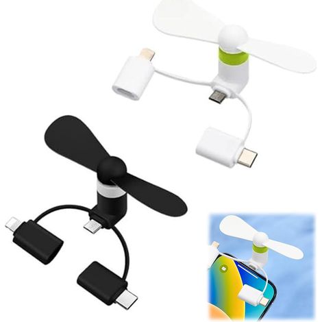 Mini Ventilador para Téléphone,Ventilateur pour Téléphone Portable,Mini Ventilateur,Petit Ventilateur,3 en 1 Ventilateur Silencieux,2 Pièces (Noir+Blanc) (1/5)