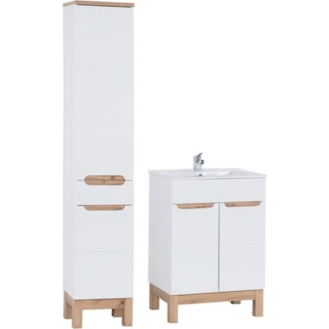 Badezimmer-Set ERMANO: Waschtischunterschrank 60cm + rechteckiges Einbauwaschbecken + Siphon + Hochschrank