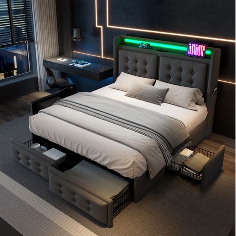 Letto 180x200 cm grigio, rivestimento in cotone e lino con LED e 4 cassetti (1/5)