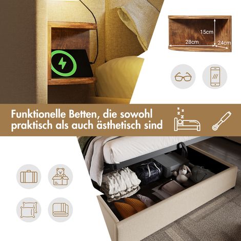 Lot 160x200cm avec chevet, lampe de lecture et charge USB-C, lit coffre en bois massif et métal, beige lin, sommier inclus, sans matelas (1/5)