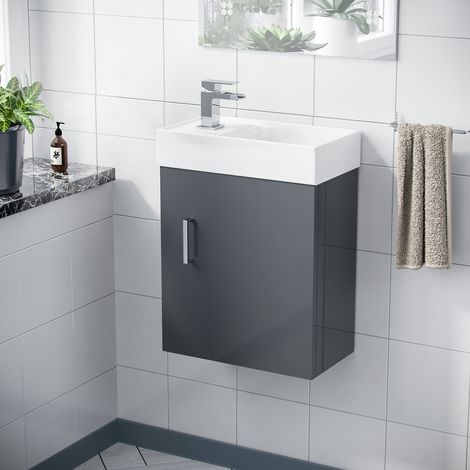 Nanuya 400mm Cloakroom Wall Hung Basin Vanity Unit, Waterfall Tap & Waste Dark Grey (1/5)
