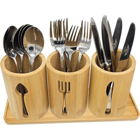 4 Pièces Porte-couverts, Bambou naturel, Organisateur ustensiles, Plateau inclus, Pour cuisine et salle à manger