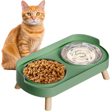 Bol Alimentaire Élevé Pour Chien Et Chat - Double Bol En Acier Inoxydable - Base En Bois Antidérapante - 400 Ml Par Bol - Convient Chatons Et Adultes (1/5)