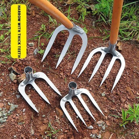Râteau agricole à pointes pour labourer et biner, outil de désherbage portable, sans manche de rallonge, 3 dents dentées violon (1/5)