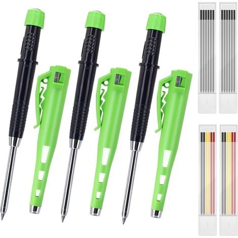 Lot de 3 crayons de charpentier à bec long de 55 mm avec 24 recharges, capuchon de protection et taille-crayon intégré, parfaits pour la construction et l'atelier (vert) (1/5)