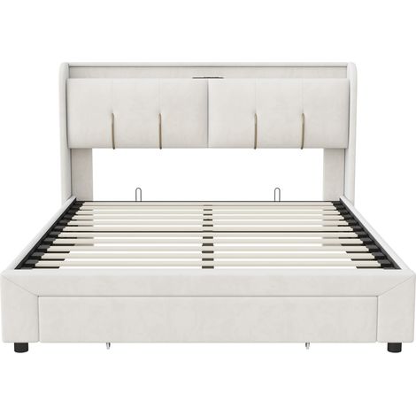 Cama canapé 140 x 200 cm con almacenaje, luz LED y puerto USB, terciopelo beige blanco (1/5)