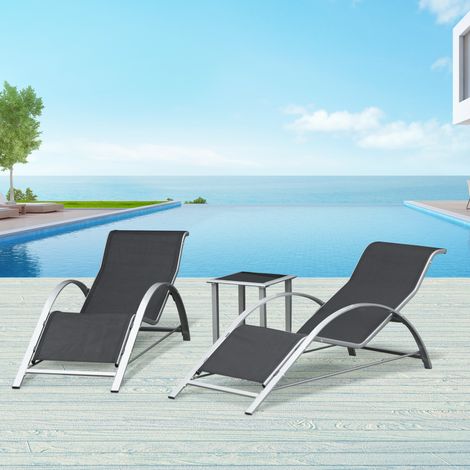 Outsunny Lot de 2 bains de soleil design contemporain table basse plateau verre trempé métal époxy textilène gris foncé