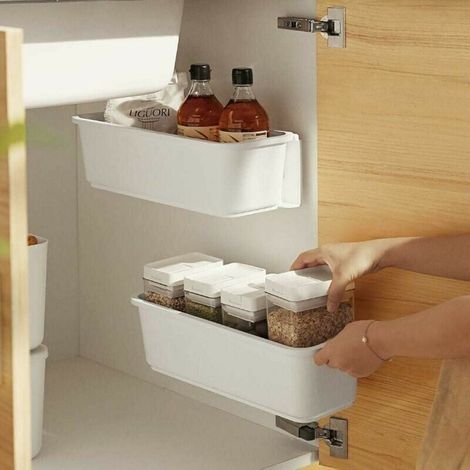 2 organisateurs de panier d'armoire de cuisine,Glissez les tiroirs de rangement en plastique,sous l'vier,organisateur du meuble, tiroir coulissant pour cuisine,salle de bain Undersink(blanc) (1/4)