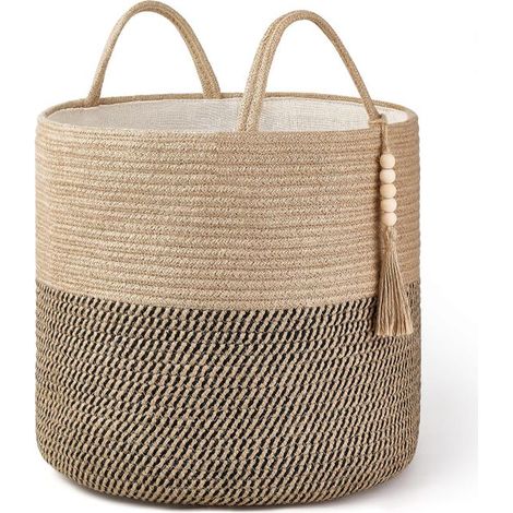 Cesto portaoggetti in canapa intrecciata nera e gialla, 282828 cm, decorato con corda naturale, ideale per soggiorno e arredamento d'interni. (1/5)
