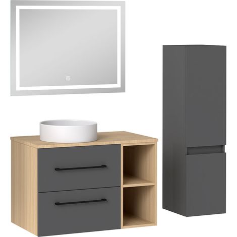 Acezanble Ensemble Meuble Salle de Bain 80 cm avec Lavabo, miroir led + colonne 110cm, anthracite + chêne