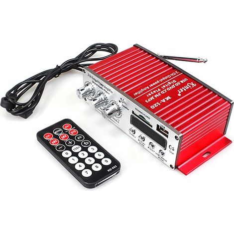 The Kinter MA120 motorcycle, car, and home amplifier supports SD card and USB flash drive playback and FM radio functionality. The MA120 is not sold in the US (1/4)