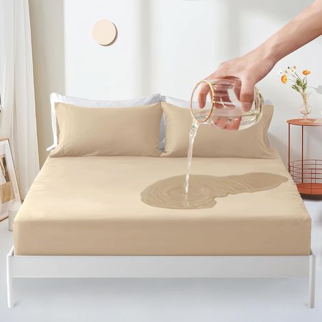 Waterproof Mattress Protector, 140 x 200 cm, Breathable Mattress Cover, Noise Mattress Protector, Waterproof Fitted Sheet – Beige (1/5)