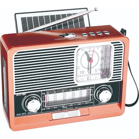 Radio solaire vintage AM/FM/SW : Bluetooth, lecture TF/USB, horloge, lampe LED – Power bank 1200mAh, design classique,grain de bois (1/5)