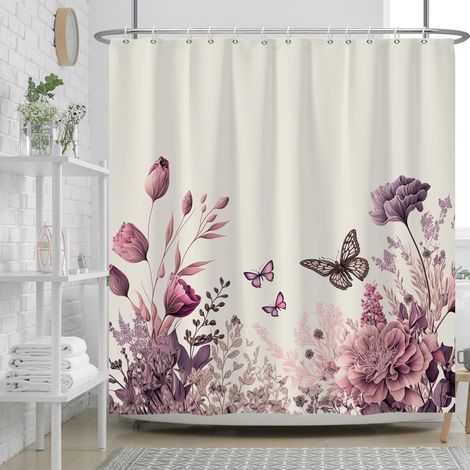 CCYKXA 180x180cm Retro Floral Shower Curtain, Purple, Butterfly, Vintage Bath Curtain, Garden Landscape Flowers, Blooming Shower Curtain, Waterproof Bathtub Curtain (1/5)