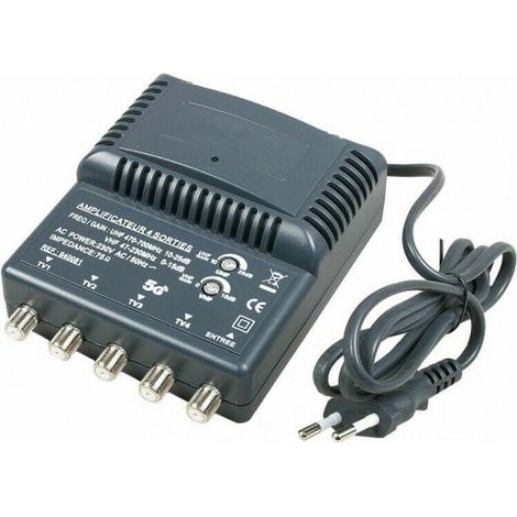 Amplificateur TV 1 entrée 4 sorties – Gain UHF 25dB, VHF 15dB – Impédance 75 Ohms – Alimentation 230V – Pour antenne numérique (1/2)