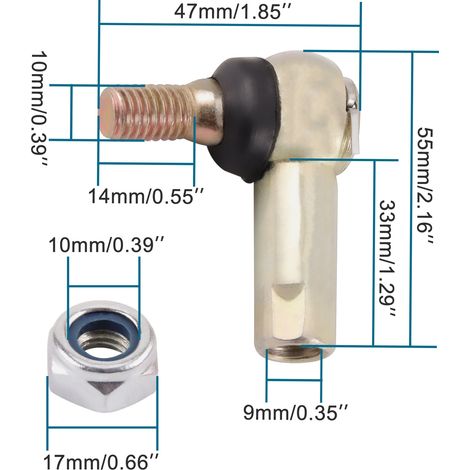 10mm ball end with taper (positive thread) suitable for go-karts, 4WD vehicles, all-terrain vehicles, and 50-200cc ATVs. (1/4)