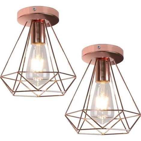 U DO 2x Rétro Plafonnier Intérieur Industriel 20cm Lampe Cage en Fer Or Rose (1/4)