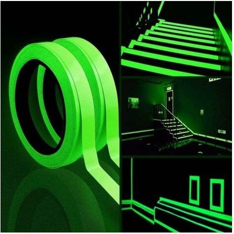 Lot de 2 rubans lumineux, 10 m x 10 mm qui brillent dans le noir, ruban adhésif fluorescent étanche, ruban adhésif d'avertissement pour escaliers, fournitures de scène, décoration (lumière verte) (1/5)