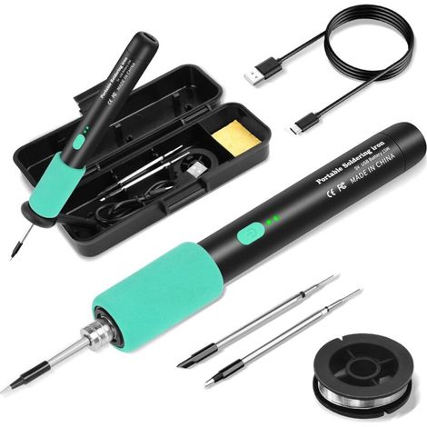 Kit fer à souder avec batterie USB, 3 températures réglables (270 °C à 450 °C), 3 pannes à souder, support, fil à souder, fer à souder professionnel et sûr - Noir