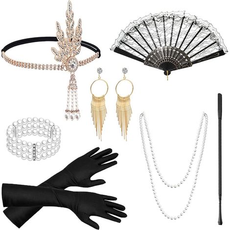 Accessori da donna in stile Charleston Gatsby: bocchino per sigarette, fascia per capelli, guanti lunghi, collana per feste.