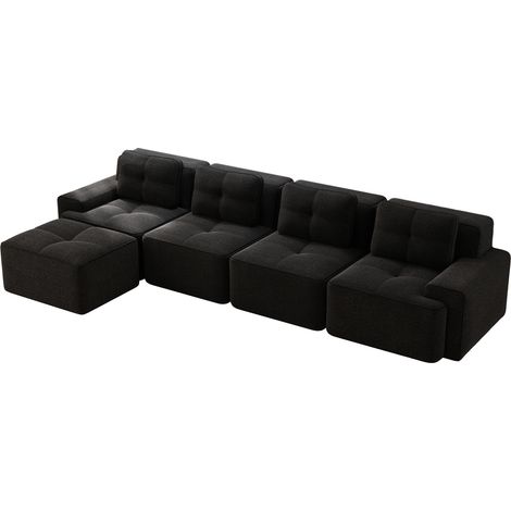 Divano modulare 4 posti in velluto nero, chaise longue a L, seduta profonda HOMVRA (1/5)