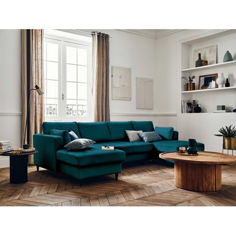 Lisa Design – Canapé panoramique en U 7 places convertible avec coffre – Velours 100% polyester bleu canard – Structure bois massif – Dimensions L289 x P148 cm (1/5)