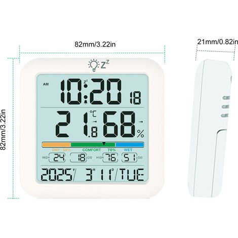 Igrometro digitale, termometro e orologio con schermo LCD retroilluminato, registrazione delle temperature minime e massime per 24 ore, indicatore di comfort, montaggio a parete o su tavolo. (1/5)