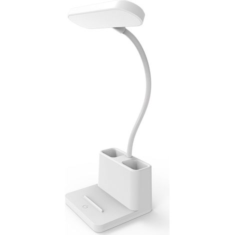 Lampe de Bureau LED Rechargeable avec Porte-Stylo et Support Téléphone, Col de Cygne Ajustable, 3 Modes d'Éclairage, Blanche (1/5)