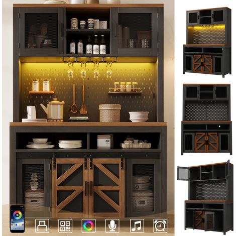 Buffet avec Éclairage LED,Armoires de Cuisine,Meuble Haut avec Port USB, Grand Espace de Rangement et Plan de travail,Noir (1/5)