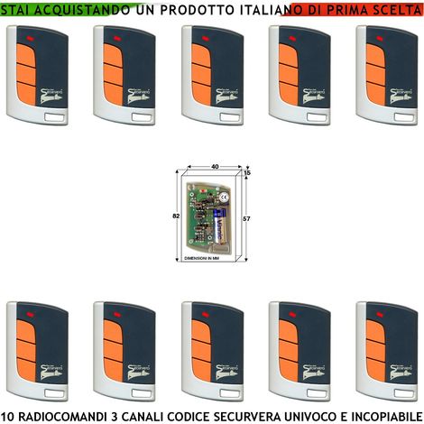 Radiocomando 3 Canali Frequenza 433,92 MHz Dieci Pezzi Potenza 1 mW Portata Aria Libera 60/100 MT Codice Sicurezza Securvera Rolling Code 66 Bit Batteria 12 V 23A Contenitore ABS Tasti Numerati (1/4)