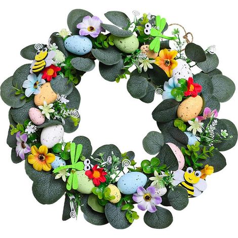 16 Zoll Eukalyptuskranz für die Haustür, Ostereier-Bienen-Kunstblumenkranz, Hintergrundwand, Landhausdeko