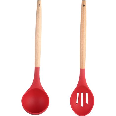 Ustensiles De Cuisine - Spatule Et Cuillère En Silicone Résistant À La Chaleur Avec Manche En Bois - Pour Poêles Antiadhésives - Lot De 2 Pièces (1/5)