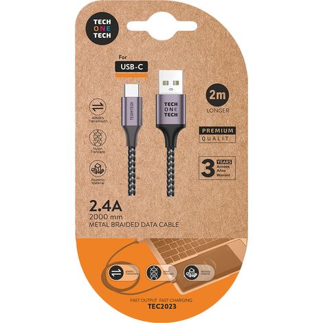 Câble Usb-a Vers Usb-c Nylon Gris Durabilité Et Charge Rapide 2.4a - Tech One Tech (1/2)