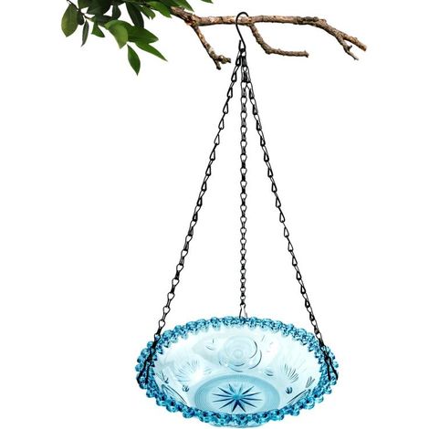 Bain d'oiseaux suspendu Irovami pour l'extérieur - Bol en polyrésine bleu clair de 23,6 cm avec chaîne antirouille pour jardin, cour ou terrasse - Décoration (1/5)