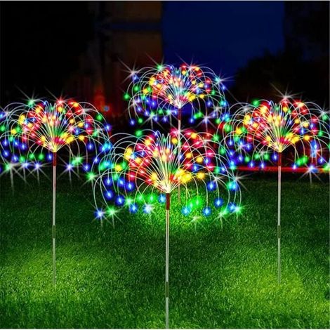 Lot de 4 lampes solaires d'extérieur, guirlandes lumineuses de jardin, feux d'artifice, éclairage extérieur étanche – Grand panneau solaire pour jardin, terrasse, cour, allée, 90 cm de haut (feu d'art (1/4)