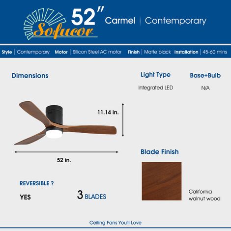 Ventilateur de plafond 132 cm – 3 pales en bois massif – Moteur CC réversible – Télécommande 6 vitesses – Corps noir, lames noyer — vue 3
