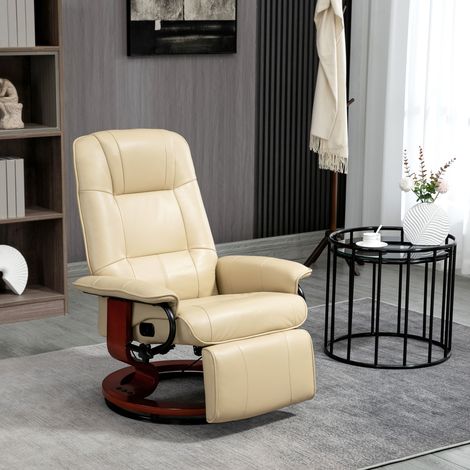 Poltrona reclinabile con poggiapiedi regolabile, girevole a 360°, base in legno e rivestimento sintetico color crema.