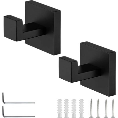 Lot de 2 Crochet Salle de Bain à Percer, Murale Noir Mat en Acier Inoxydable 304, Montage Caché avec Socle Carré et Outils d’Installation, pour Salle de Bain, Cuisine, Bureau (1/5)