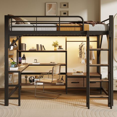 Lit mezzanine 140x200 en métal avec bureau,LED,port USB,paroi perforée,plusieurs étagères,tiroirs en tissu,tringle de suspension,noir (1/5)