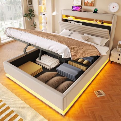 Lit Double 140 x 200 cm charge USB-C éclairage LED rangement hydraulique ouverture relevable commande par bouton et application (1/5)
