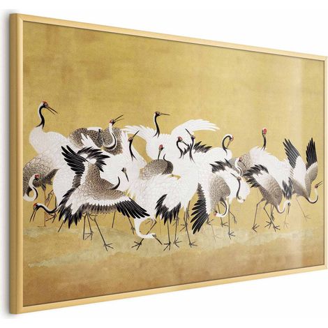 Poster – Japanische Kraniche – ein Vogelschwarm auf goldfarbenem Hintergrund, basierend auf einem Gemälde von Ishida Yūtei (1/4)