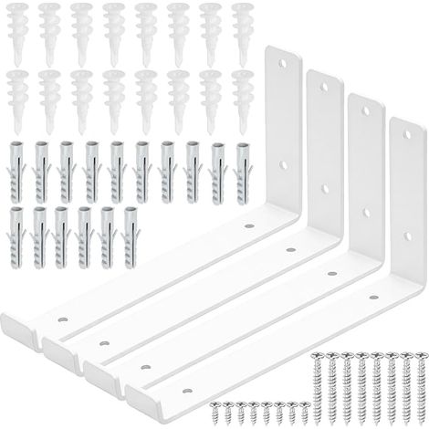 4 Pack 11.2"L x 5.9" H 5mm Thick White Heavy Shelf Brackets with Lip, J Shelf Bracket with Lip, Metal J Floating Shelf Bracket with Screws and Anchors Work Bench Kit (1/4)
