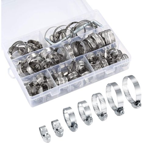 Collier de Serrage Réglables, Tuyau Clips, Colliers de Serrage en Acier Inoxydable, Pinces de Tuyau pour Tube A'automobiles, Piscine, 81 Pièces/8-44 mm (1/5)