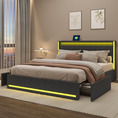 Lit 140 x 200, lit 140x200 avec sommier, cadre de lit, avec port USB et LED, 4 tiroirs en fer, avec tete de lit, Gris foncé, lin